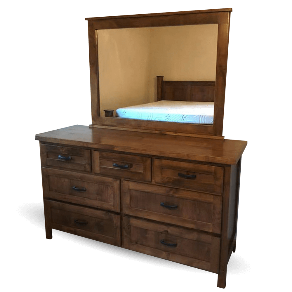 A dark wood dresser with a mirror