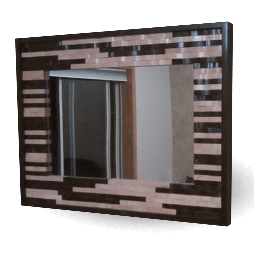 A wooden mirror with two different color woods