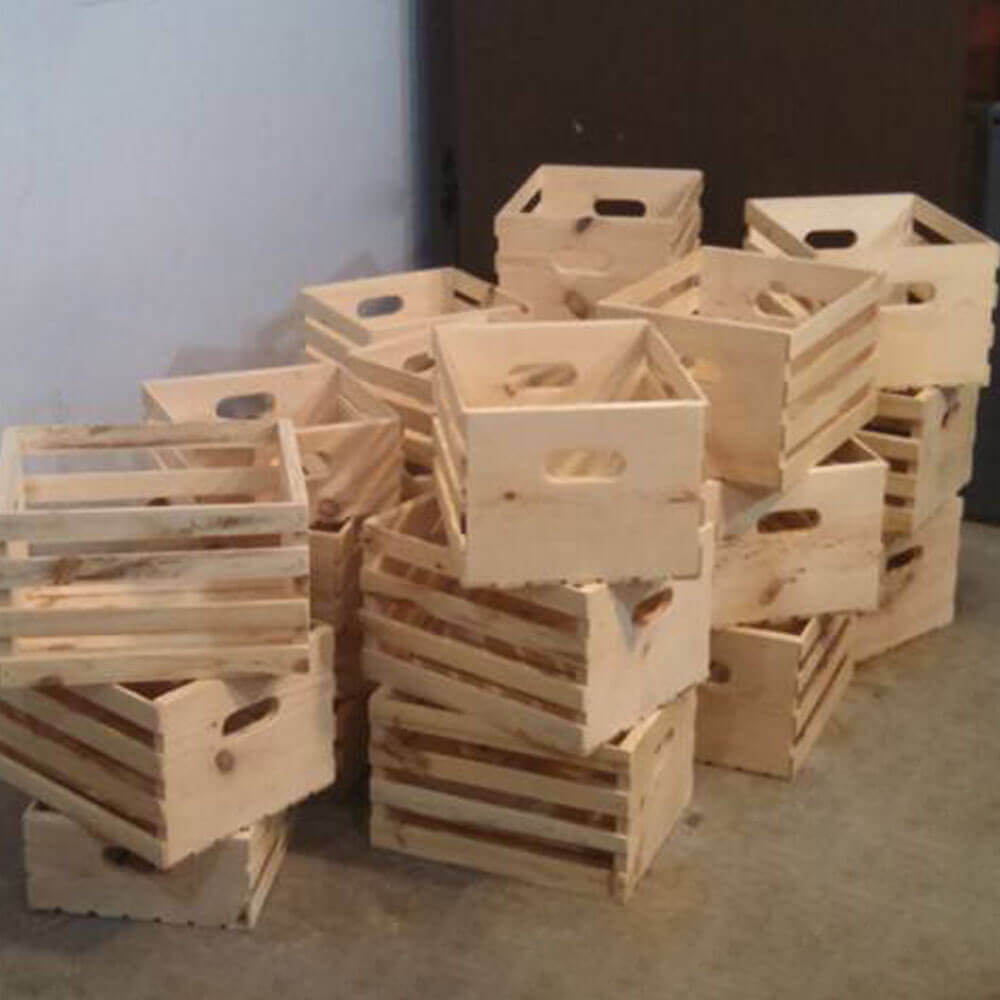 Stacks of natural finish crates